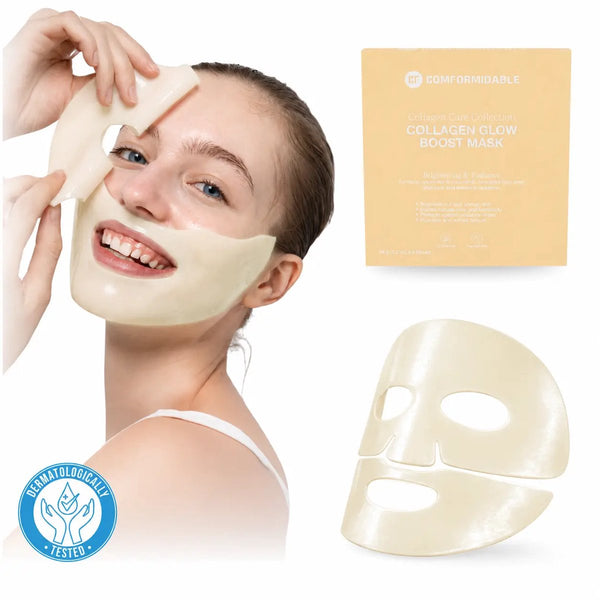 Model mit Comformidable Collagen Glow Boost Mask, zweiteilige gelbe Hydrogel-Kollagenmaske, mit Verpackung