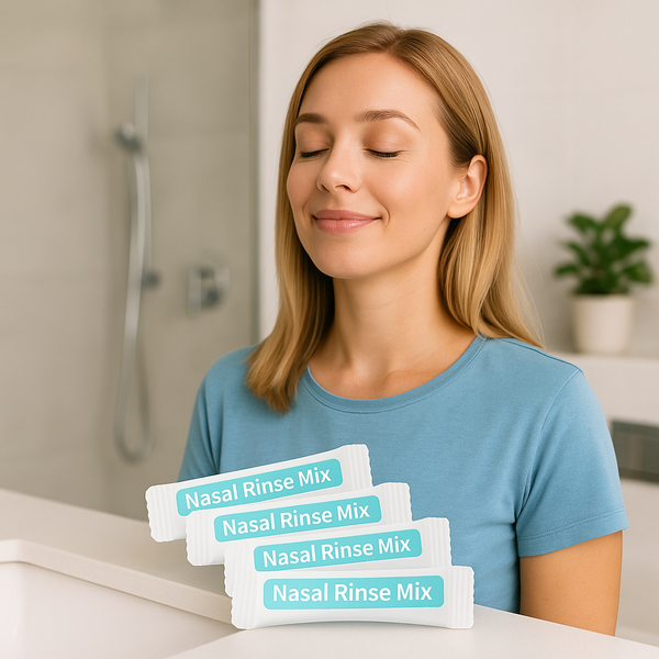 Ein Bild einer Frau mit geschlossenen Augen. Sie wirkt zufrieden. Im Vordergrund sind Beutel mit nasalem Spülsalz zu sehen, mit dem Text: „nasal rinse mix“.