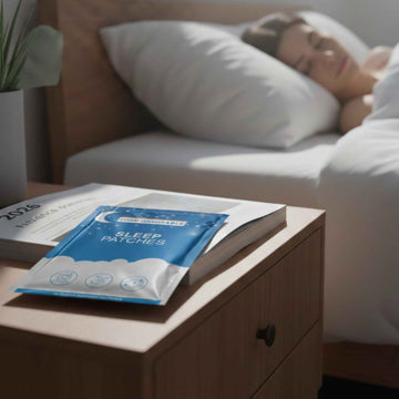 Comformidable Schlafpflaster auf einem Nachttisch neben einer schlafenden Frau