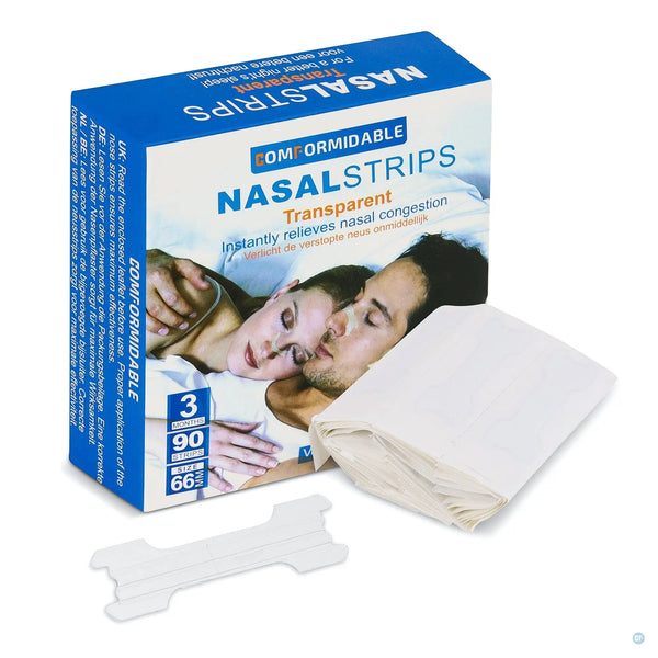 Verpackung der transparenten Comformidable Nasenstrips, enthält 90 Stück, verwendet in einem Blogbeitrag über die Wirksamkeit und Anwendung von Nasenstrips