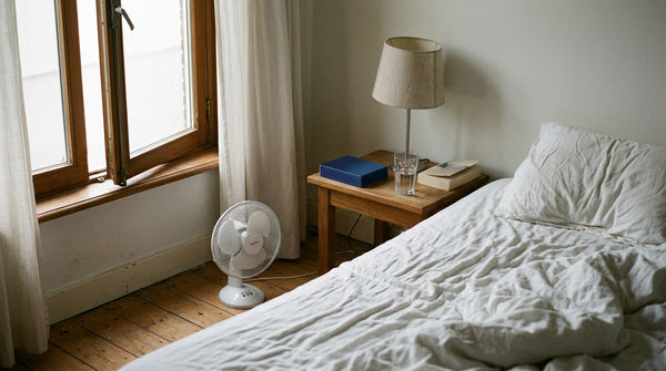 Schlafzimmer mit offenem Fenster und Ventilator, besser schlafen bei warmem Wetter