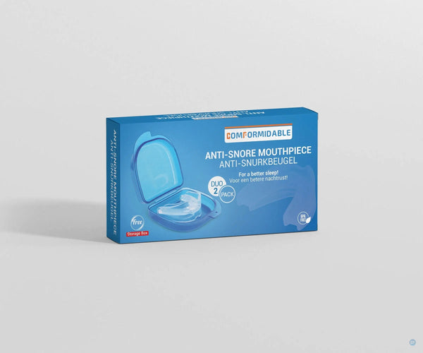 Verpackung des neuen Schnarchschienen-Duopacks von Comformidable, wirksam gegen Schnarchen und mit hohem Tragekomfort
