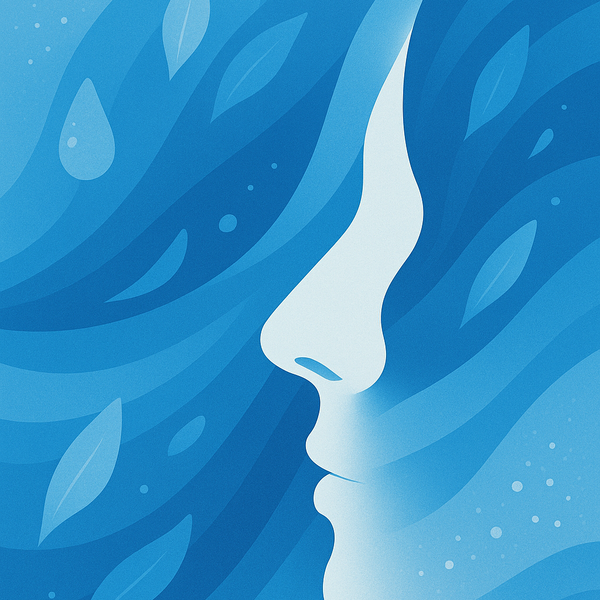 Abstrakte blaue Illustration eines Gesichts mit geschwungenen Linien und Wassertropfen, die eine frische, freie Nasenatmung symbolisiert.