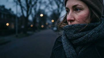 Frau mit trockener Gesichtshaut und einem Schal gegen die Kälte auf einer winterlichen Straße