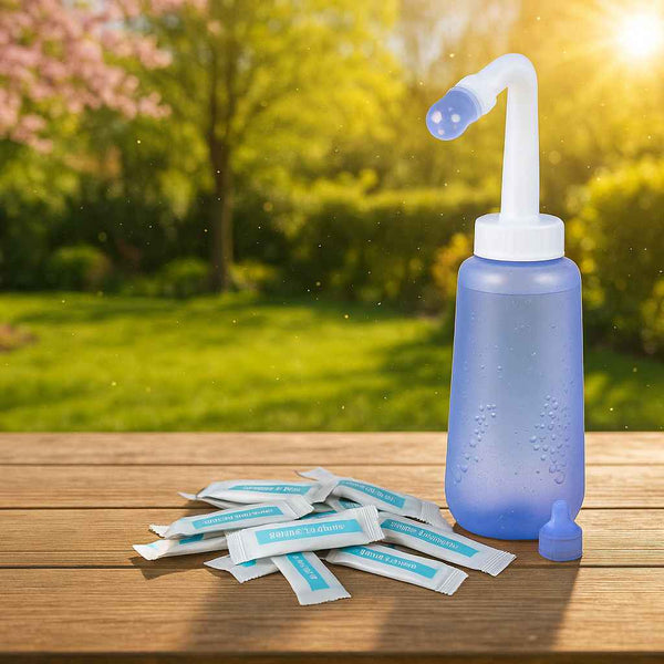 Eine Nasendusche auf einem Tisch im Garten. Neben der Nasenspülflasche liegen Beutel mit Spülsalz und ein zusätzlicher Aufsatz