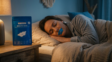 Frau schläft ruhig auf der Seite mit Comformidable Mundtape, die Verpackung liegt auf dem Nachttisch