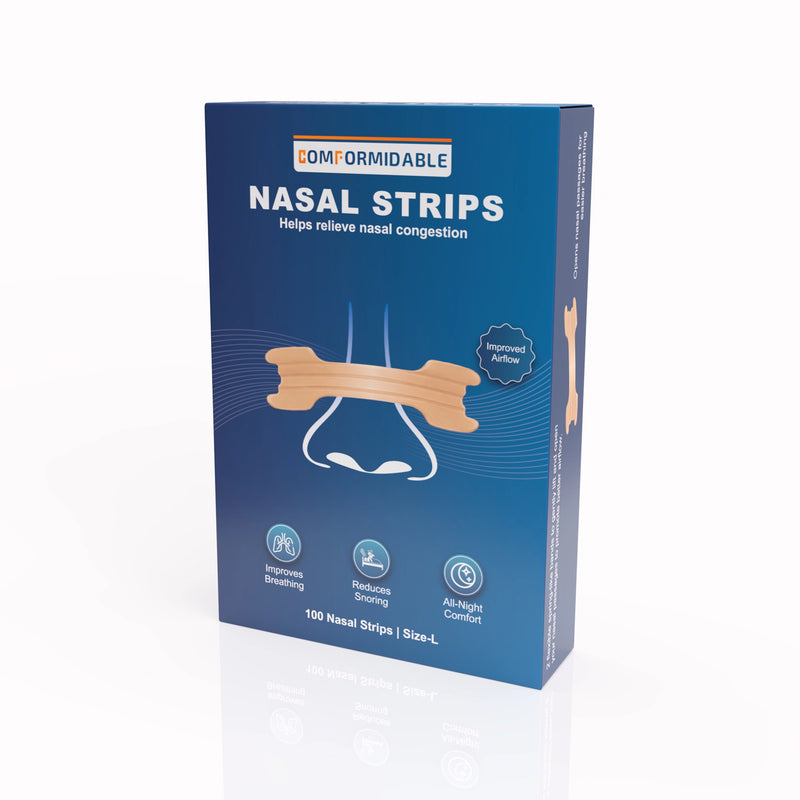 Seitenansicht der Comformidable Nasal Strips Verpackung mit 100 Strips