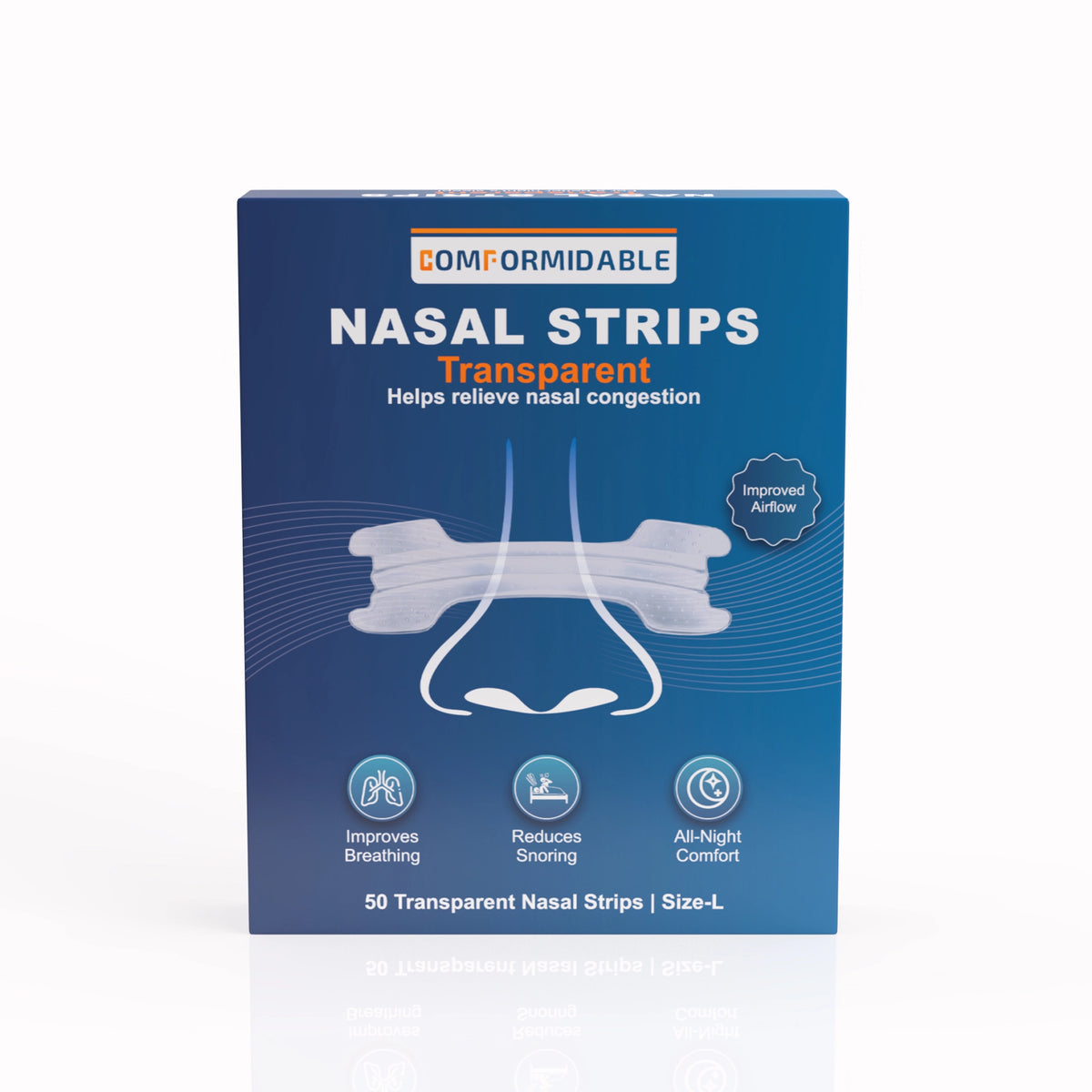 Vorderseite der Comformidable Nasal Strips Transparent Verpackung mit 50 Strips