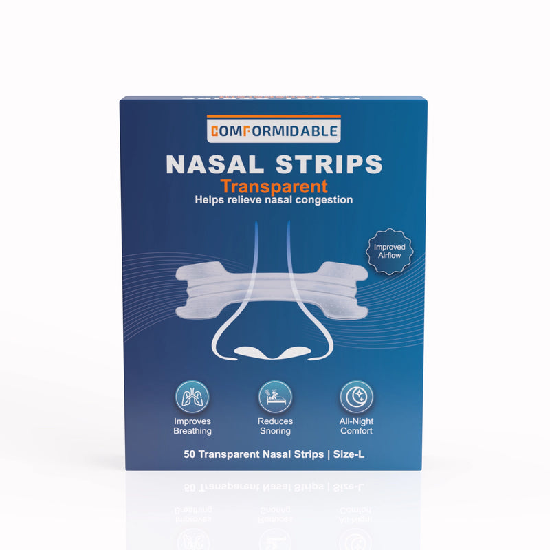 Vorderseite der Comformidable Nasal Strips Transparent Verpackung mit 50 Strips