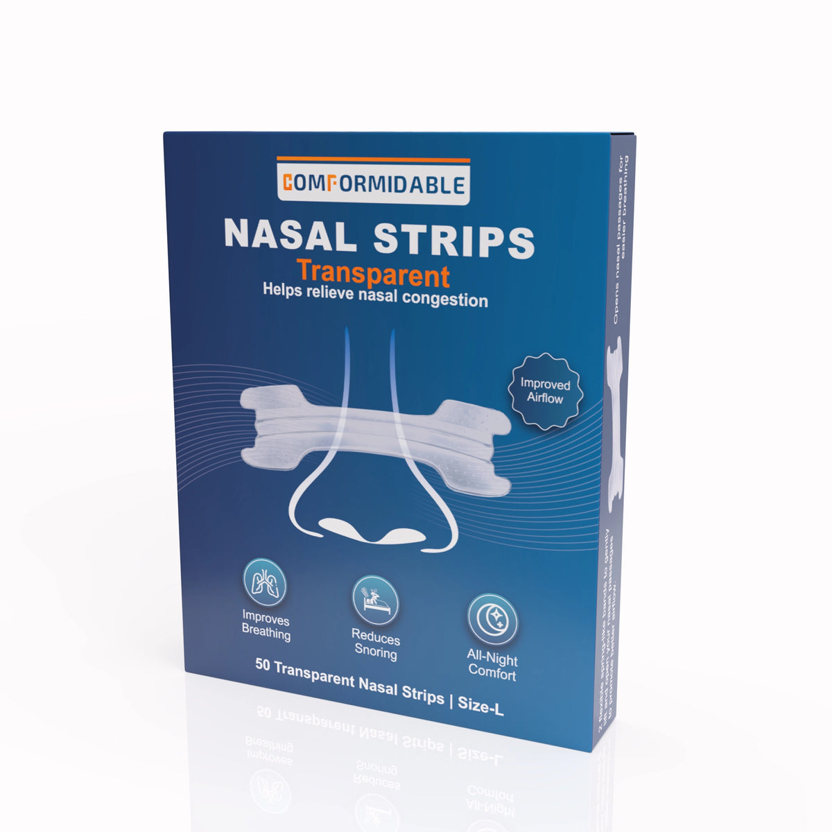 Seitenansicht der Comformidable Nasal Strips Transparent Verpackung mit 50 Strips