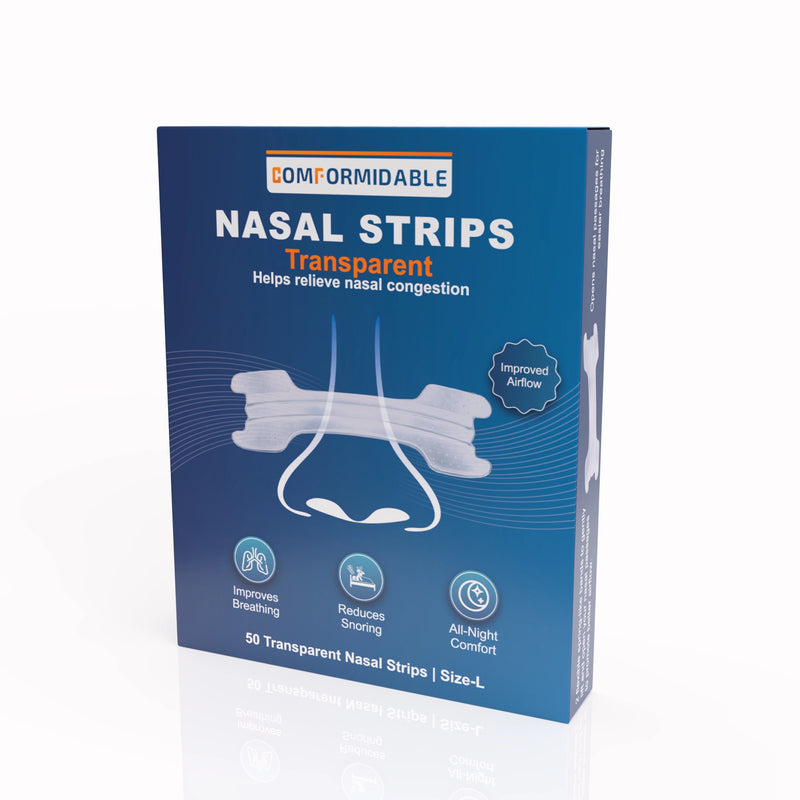 Seitenansicht der Comformidable Nasal Strips Transparent Verpackung mit 50 Strips