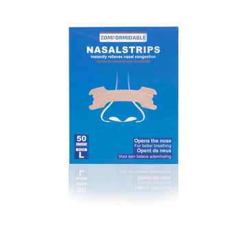 Vorderansicht einer blauen Verpackung mit 50 Nasenstrips Größe L, die die Wirkung zum Anheben der Nasenflügel und für leichteres Atmen hervorhebt.