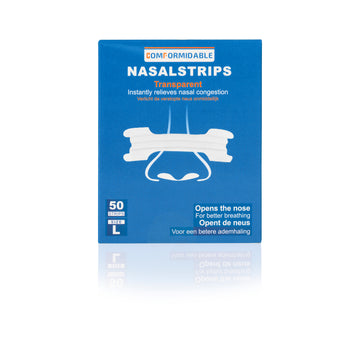Blaue Comformidable Nasenpflaster-Verpackung mit Illustration eines transparenten Nasenstrips auf einer Nase, inklusive Angaben zum Inhalt.