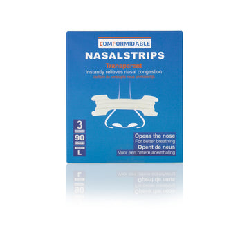 Blaue Comformidable Nasenpflaster-Verpackung mit Illustration eines transparenten Nasenstrips auf einer Nase, inklusive Angaben zum Inhalt.