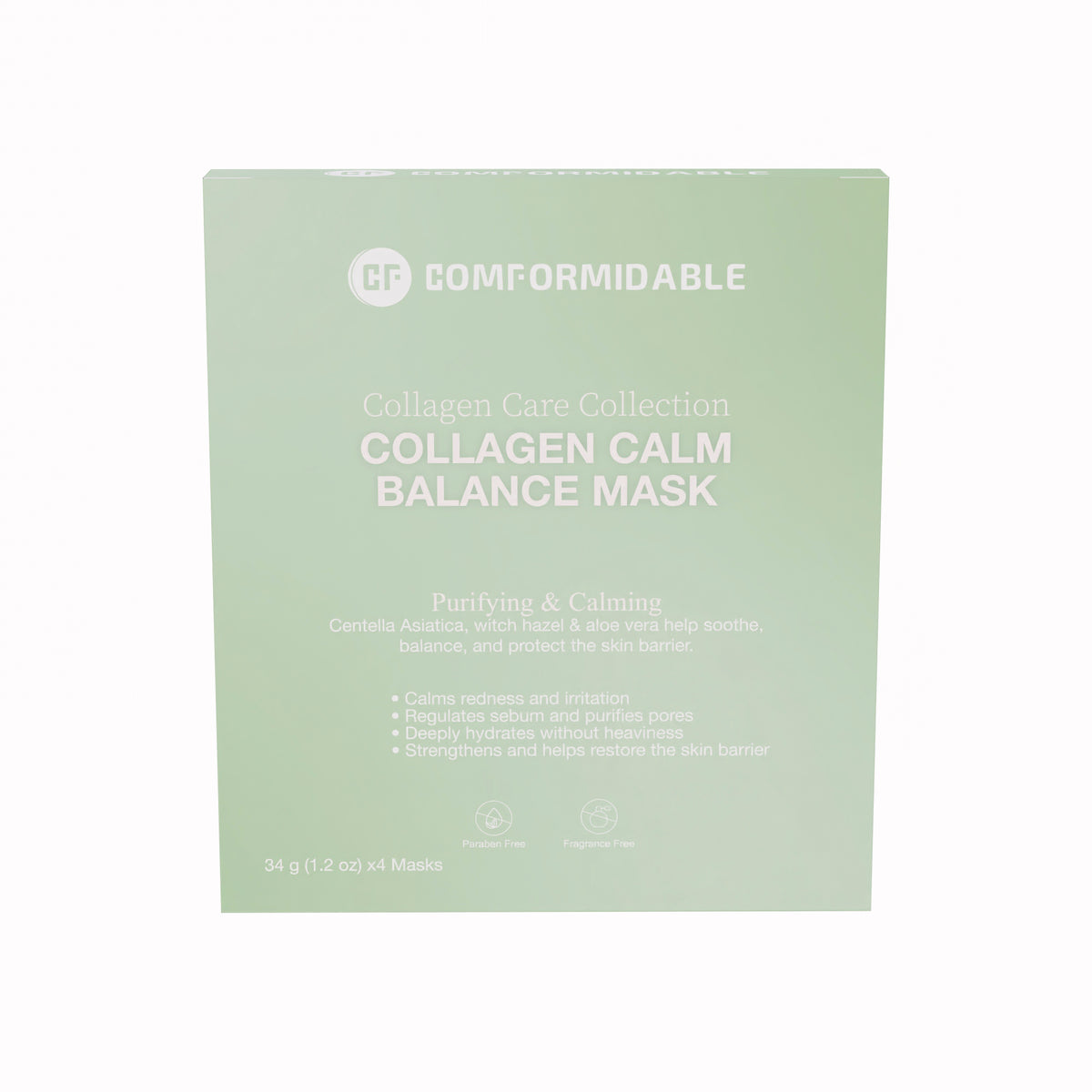 Vorderseite der grünen Verpackung der Collagen Care Collection von Comformidable. Dies ist die Calm Balance Mask