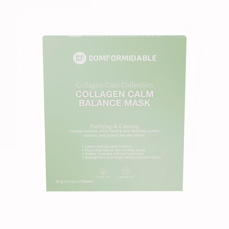 Vorderseite der grünen Verpackung der Collagen Care Collection von Comformidable. Dies ist die Calm Balance Mask