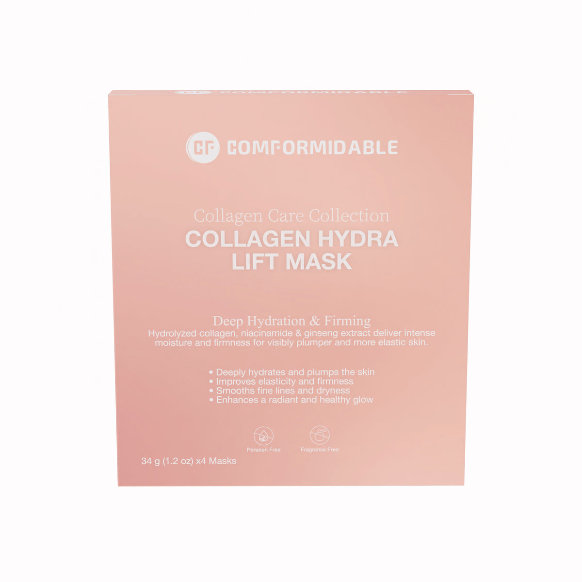 Vorderseite der rosa Verpackung der Comformidable Collagen Care Collection. Dies ist die Collagen Hydra Lift Mask