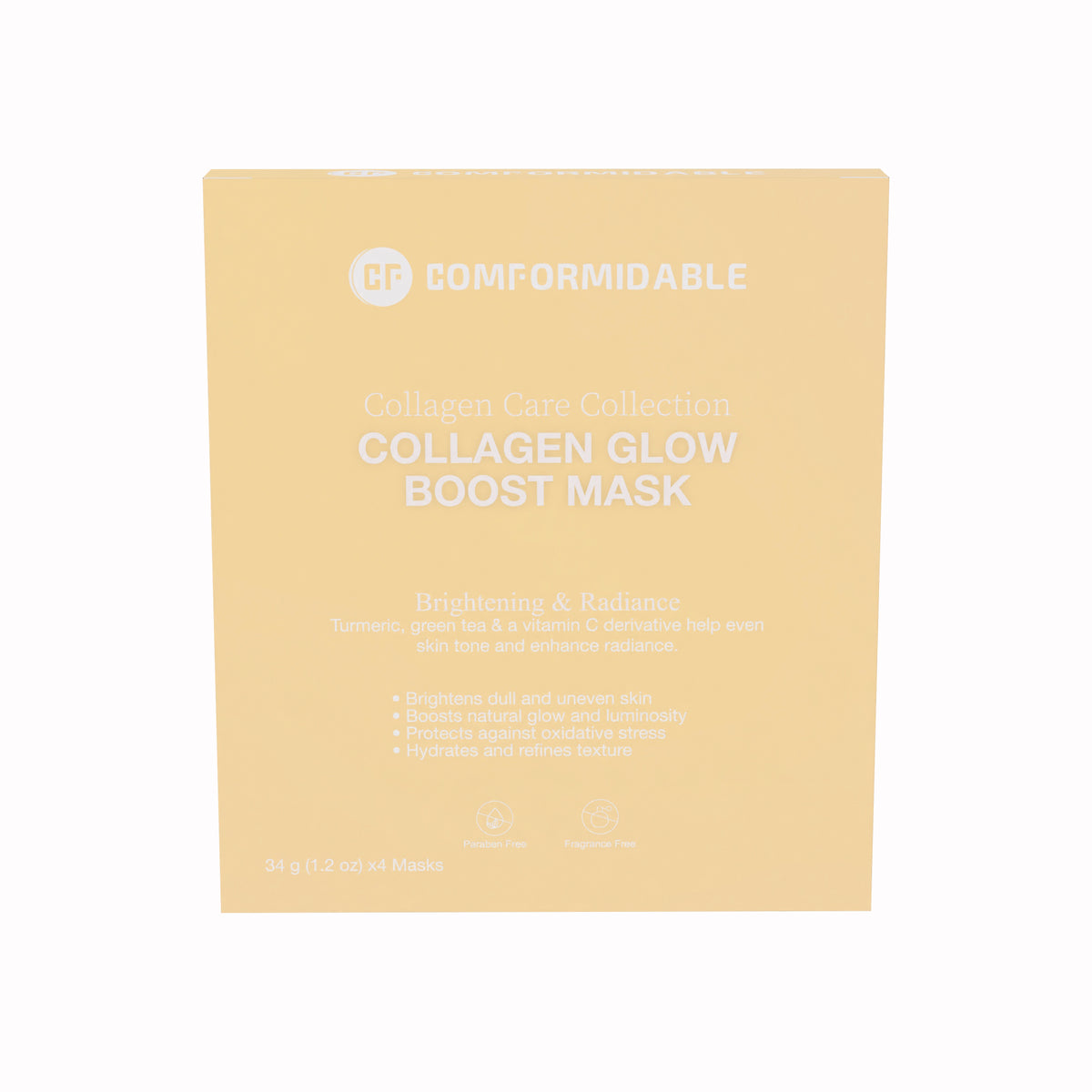 Die Vorderseite einer gelben Verpackung der Comformidable Collagen Glow Boost Mask aus der Care Collection