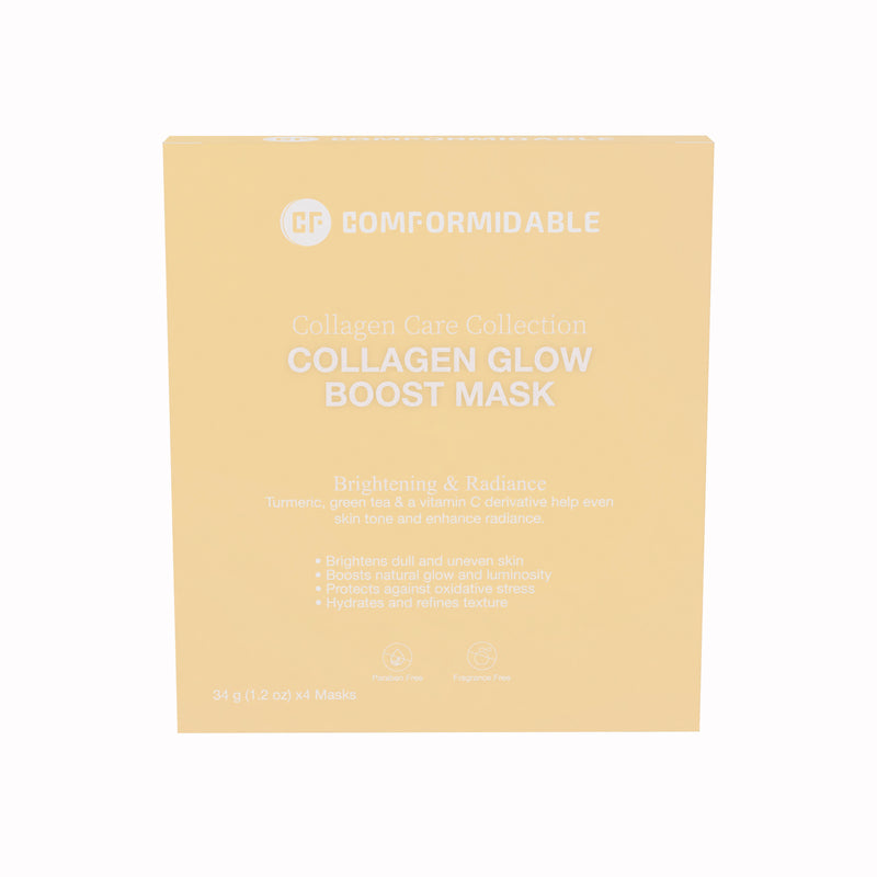 Die Vorderseite einer gelben Verpackung der Comformidable Collagen Glow Boost Mask aus der Care Collection