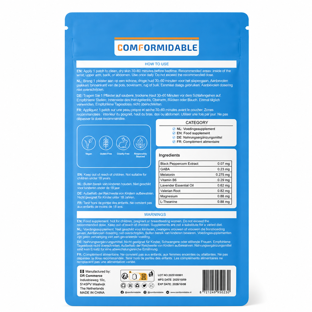 Rückseite der Verpackung Schlafpflaster Comformidable