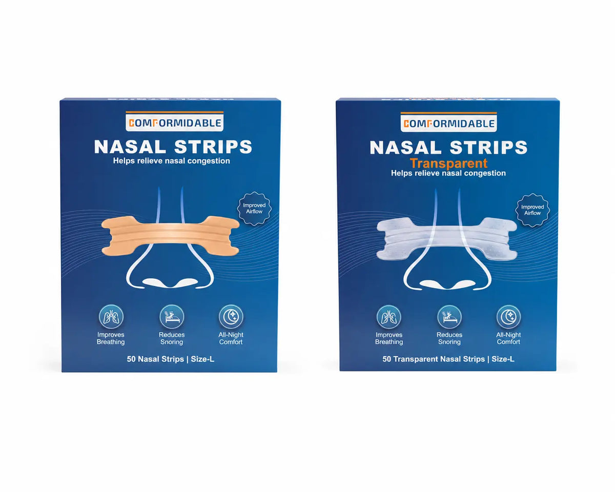 Verpackung der Comformidable Nasal Strips in Hautfarbe, mit Illustration eines Nasenstrips auf der Nase und der Angabe 50 Strips in Größe L.