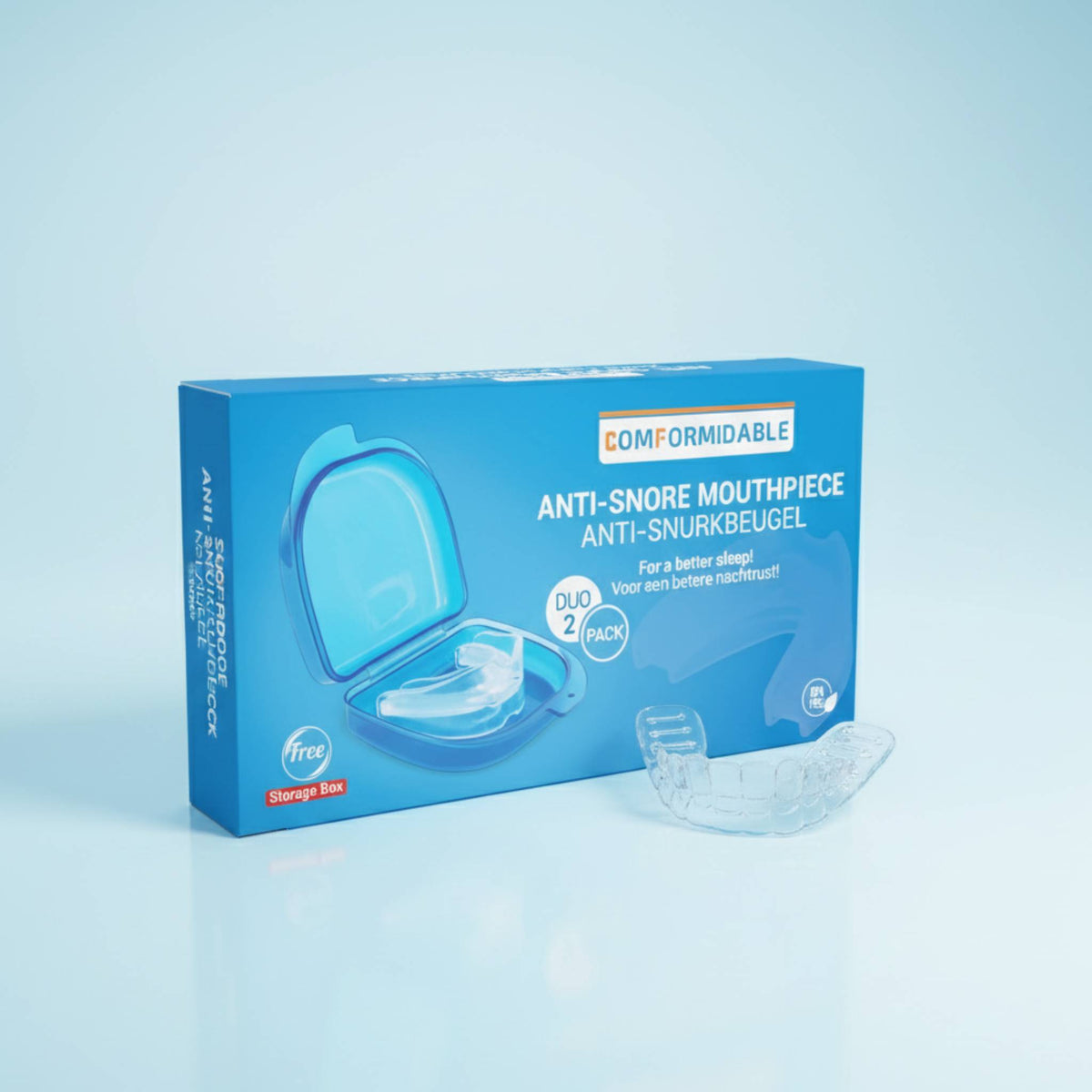 Blaue Verpackung des Comformidable Anti-Snore Mouthpiece mit zugehöriger Aufbewahrungsbox.