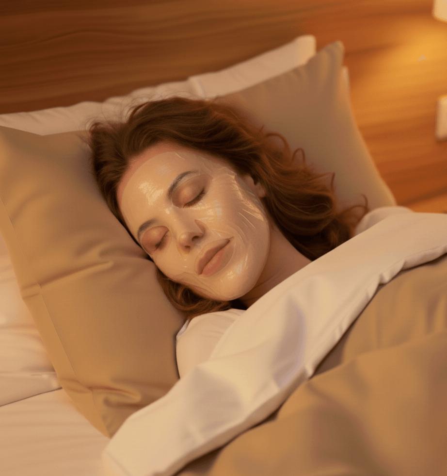 Schlafende Frau im Bett mit einer sichtbaren Gesichtsmaske auf der Haut