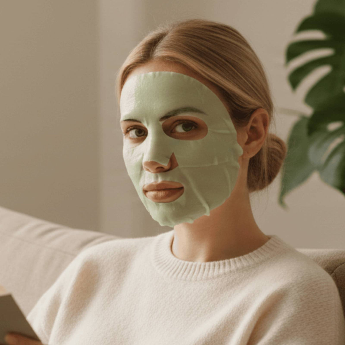 Frau schaut entspannt in die Kamera auf dem Sofa, mit einer Comformidable Kollagen-Gesichtsmaske für eine mit Feuchtigkeit versorgte Haut.