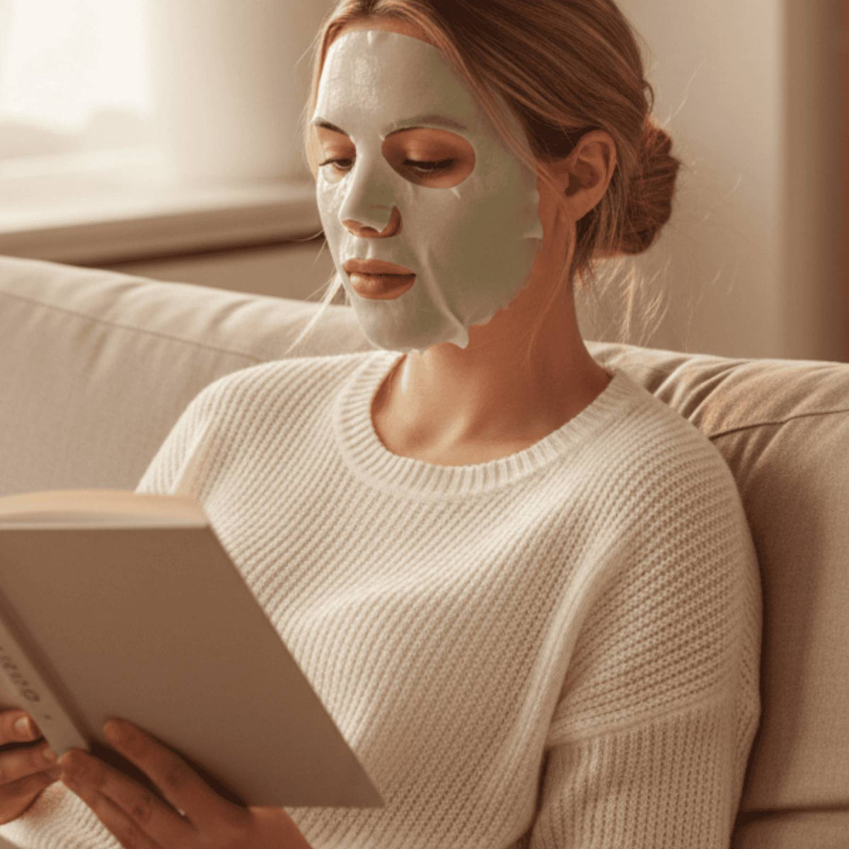 Frau entspannt mit einem Buch in der Hand und einer Kollagen-Gesichtsmaske.
