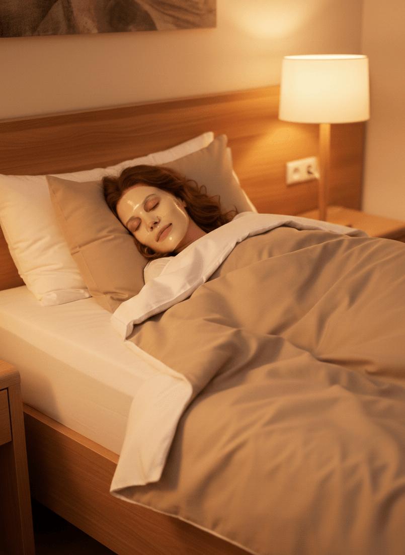 Frau schläft entspannt im Bett mit einer Gesichtsmaske