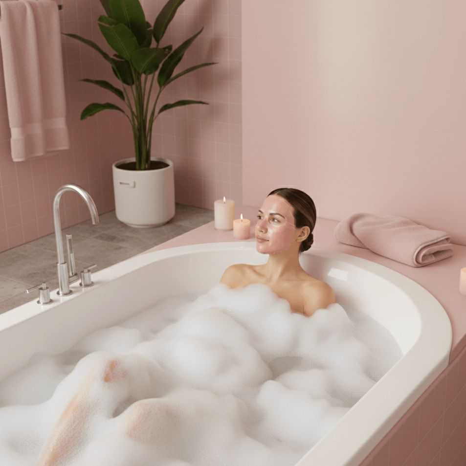 Eine lächelnde Frau trägt in einem luxuriösen Badezimmer eine rosa Maske auf ihr Gesicht auf.