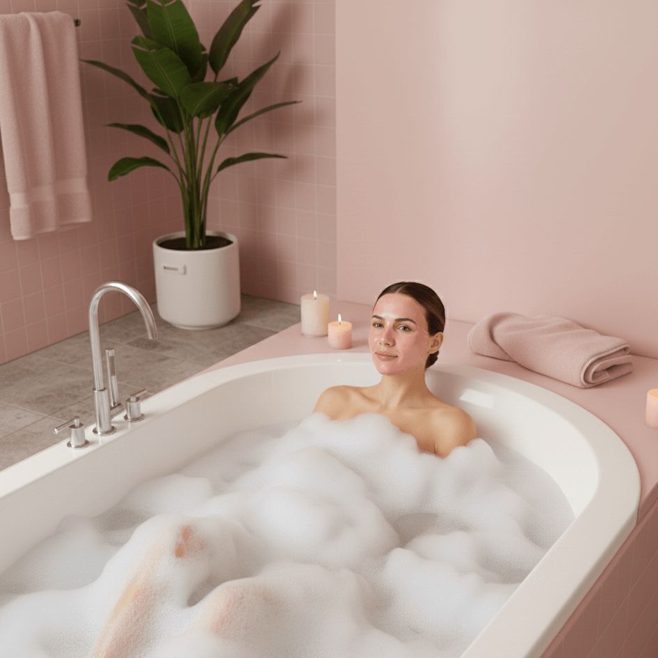Frau entspannt in einer modernen Badewanne voller Schaum in einem beruhigenden rosa Badezimmer mit Kerzenlicht und einer grünen Pflanze.