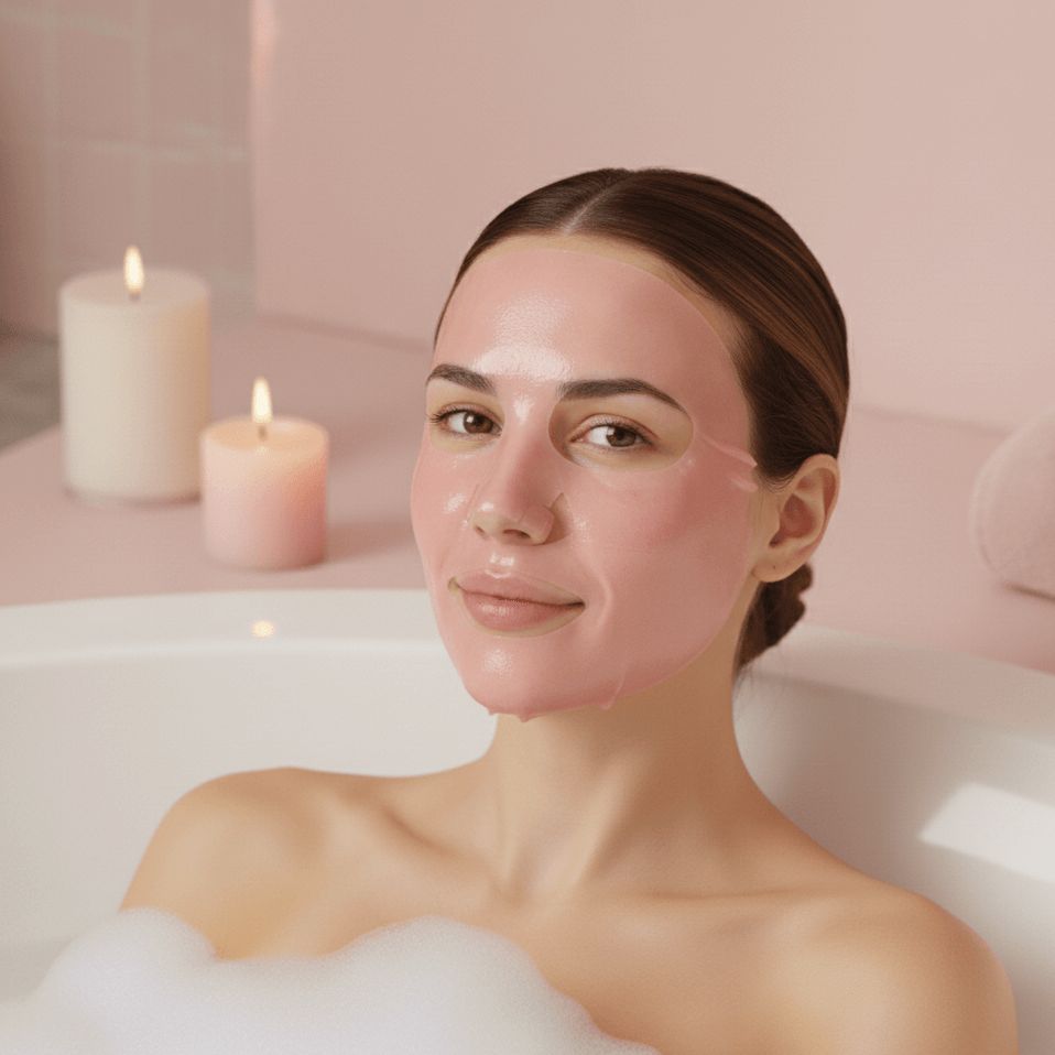 Stimmungsbild einer Frau im Schaumbad, umgeben von brennenden Kerzen für ein Spa-Erlebnis zu Hause.