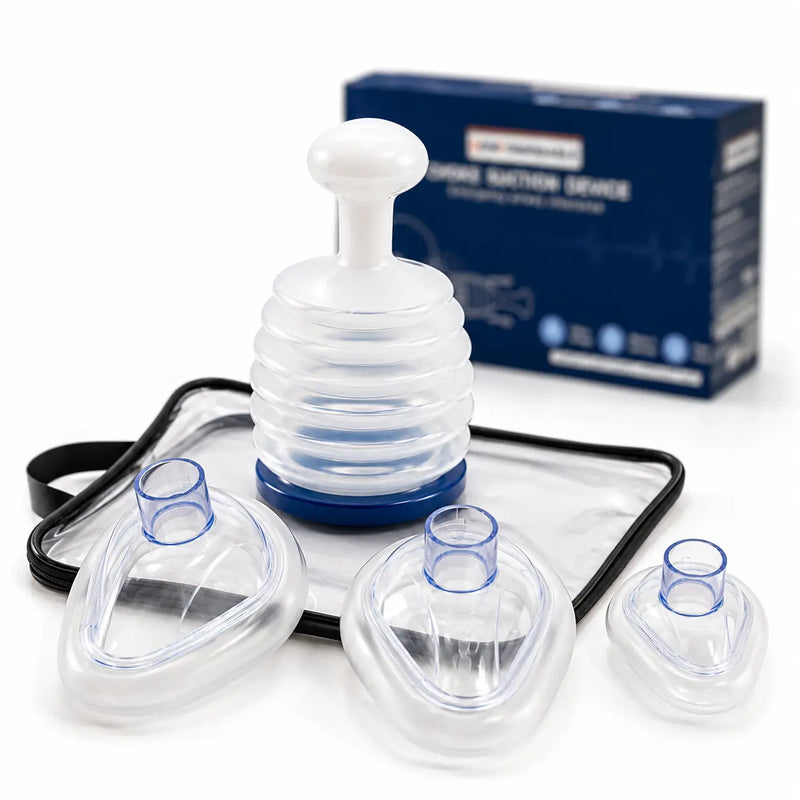 Comformidable Airway Rescue Device Anti-Erstickungsgerät mit zwei Erwachsenenmasken, einer Kindermaske und Aufbewahrungsetui vor der blauen Produktverpackung