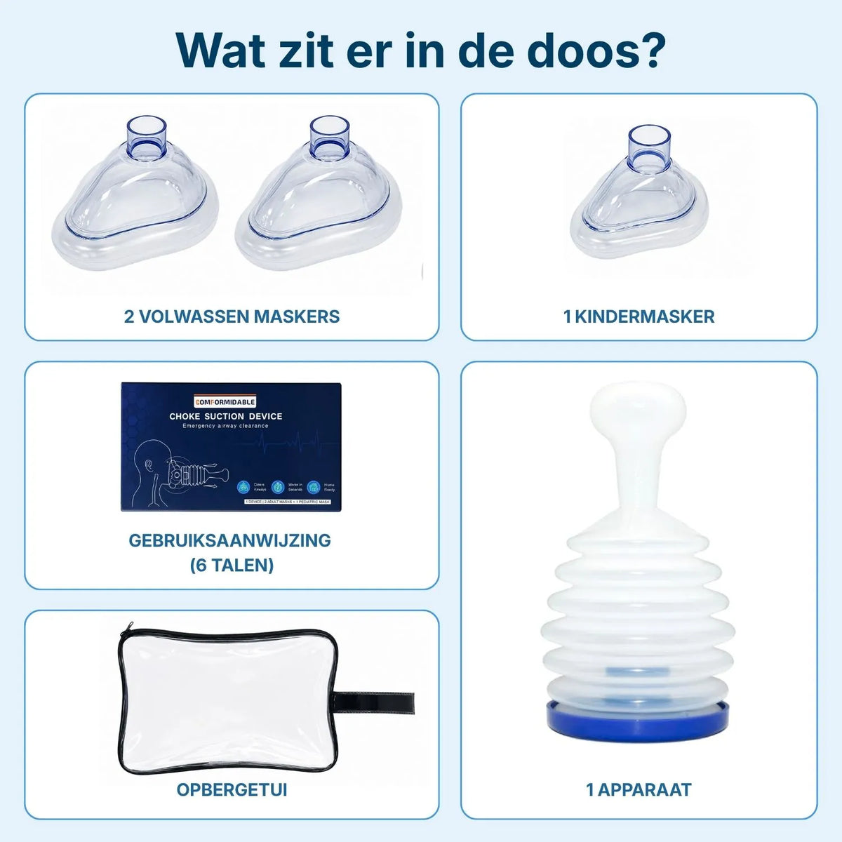 Übersicht des Inhalts: 1 Gerät, 2 Erwachsenenmasken, 1 Kindermaske, Aufbewahrungsetui und mehrsprachige Gebrauchsanweisung in 6 Sprachen