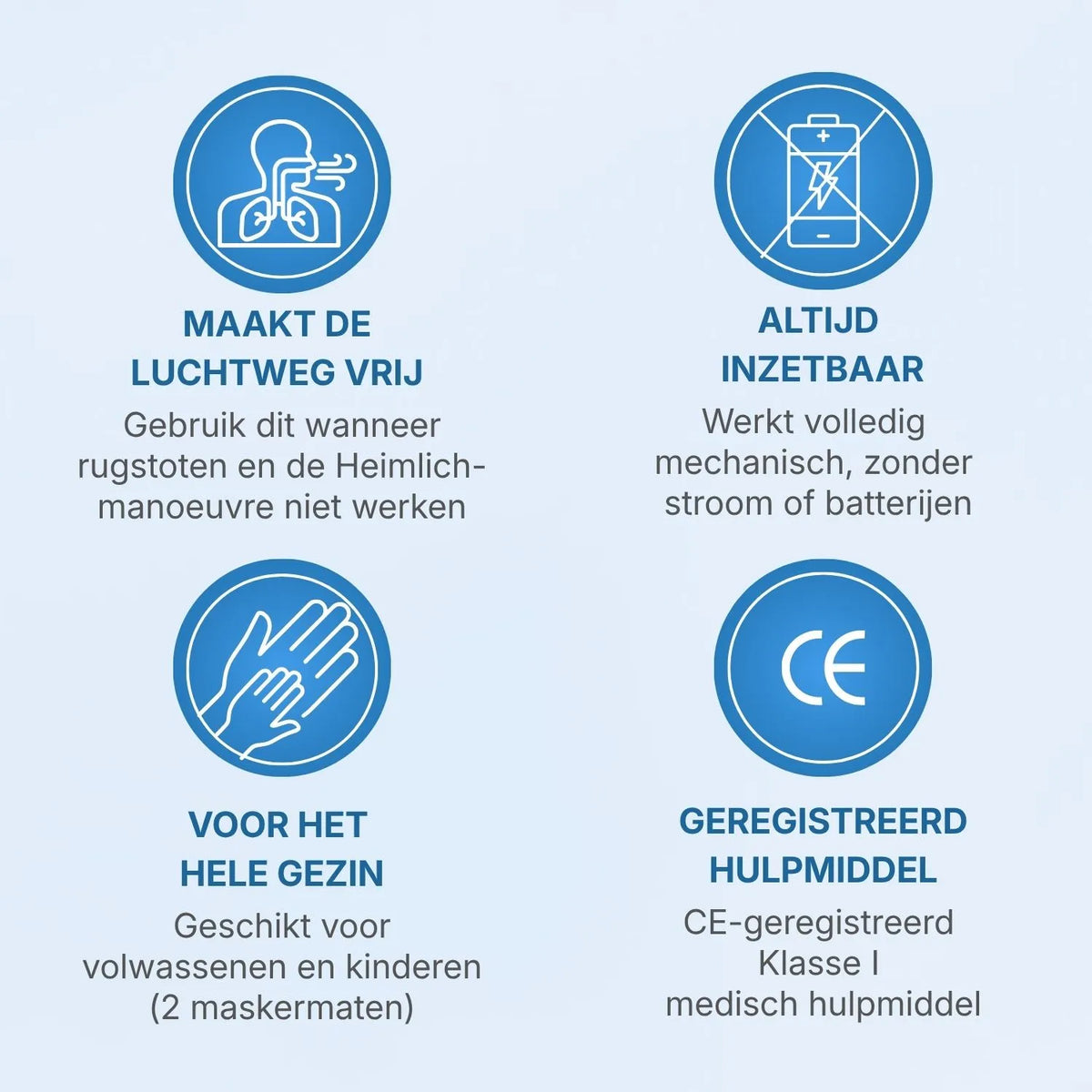 Vier Merkmale: macht die Atemwege frei, arbeitet mechanisch ohne Strom oder Batterien, für die ganze Familie geeignet, CE-registriertes Medizinprodukt der Klasse I