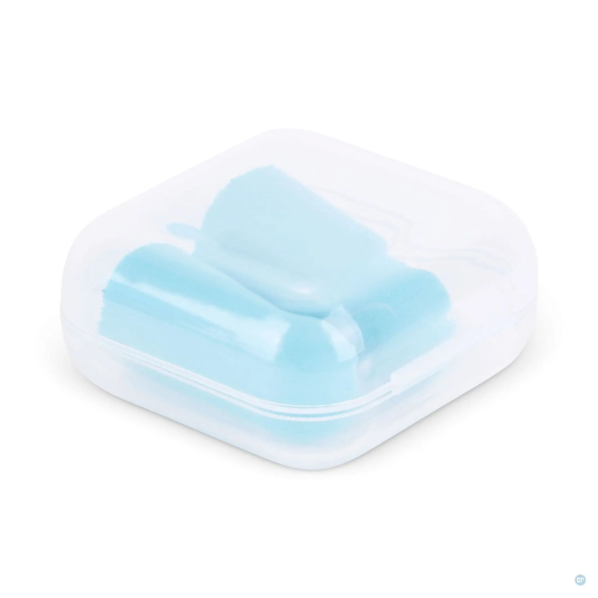 Geschlossene blaue Aufbewahrungsbox mit Ohrstöpseln aus dem Comformidable Anti-Schnarch-Kit