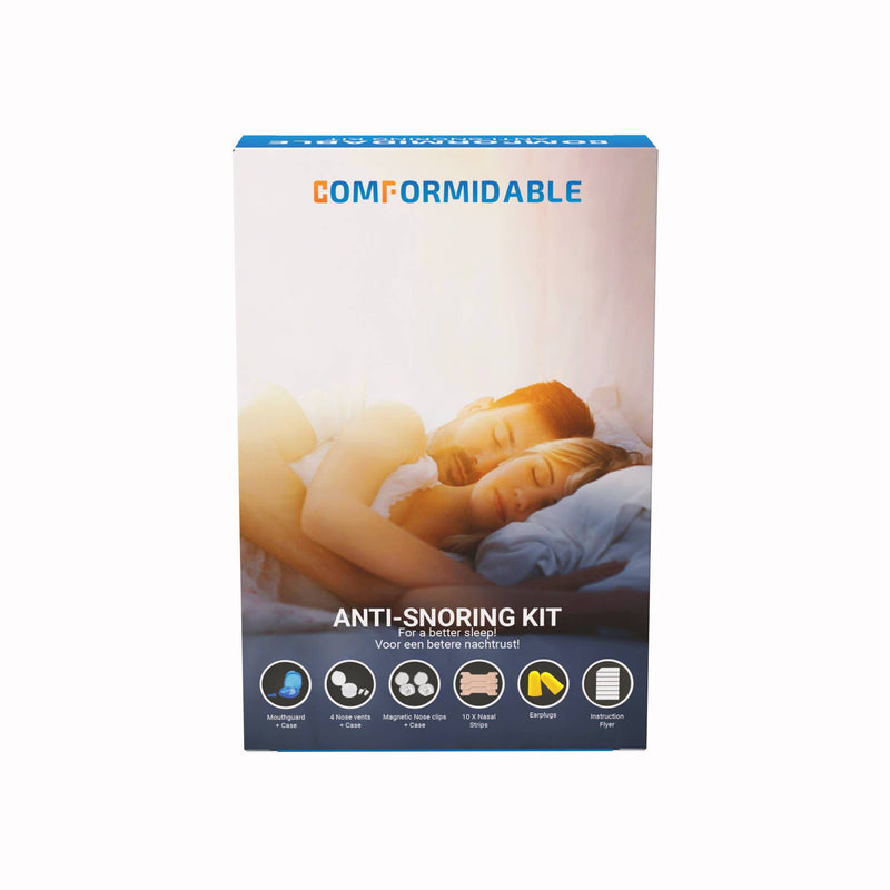 Comformidable Anti-Schnarch-Kit Verpackung in Schrägansicht mit Inhalts-Icons