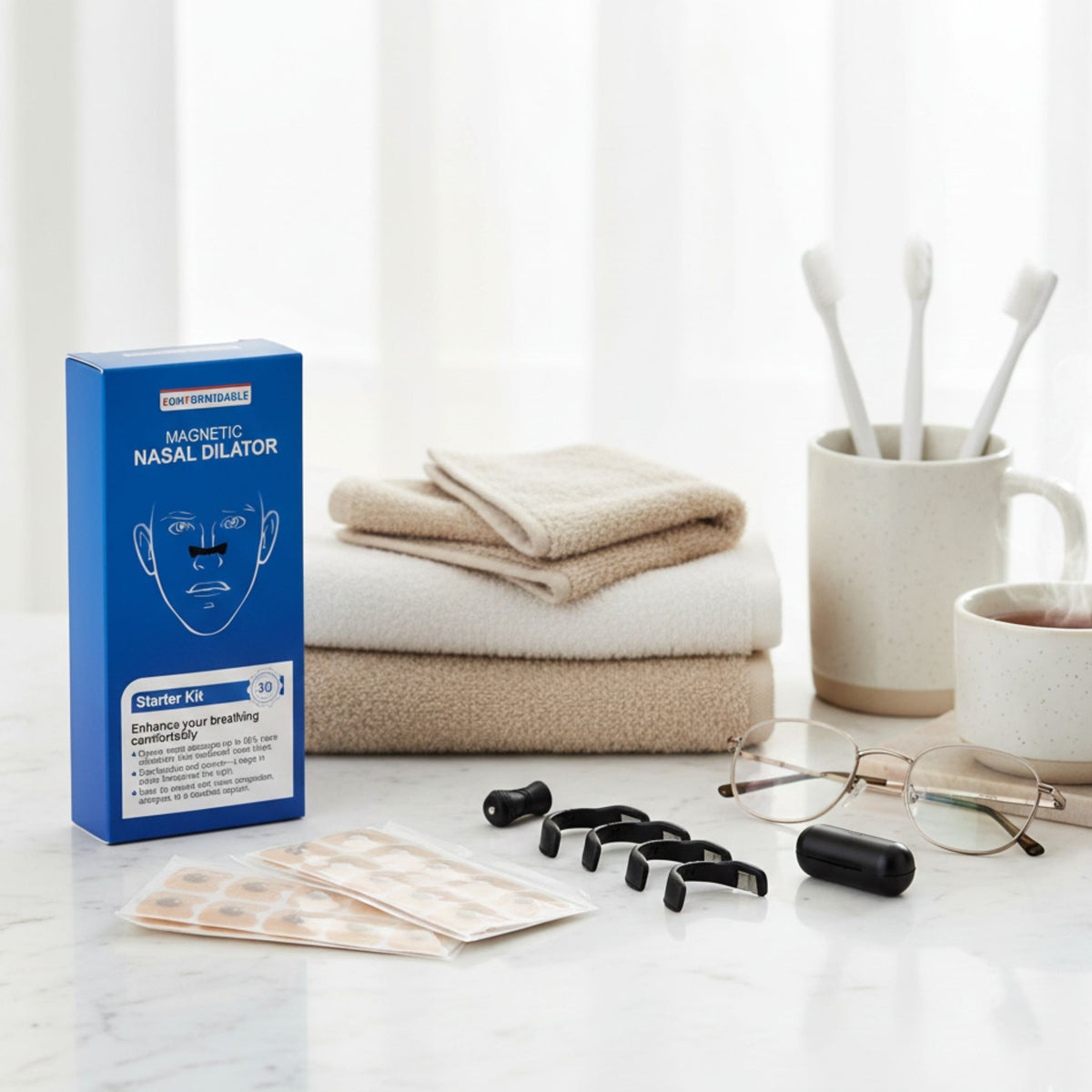 Stimmungsbild mit der Verpackung der magnetischen Nasenstrips, daneben die Applikatoren und die Nasenbänder, arrangiert mit Handtüchern