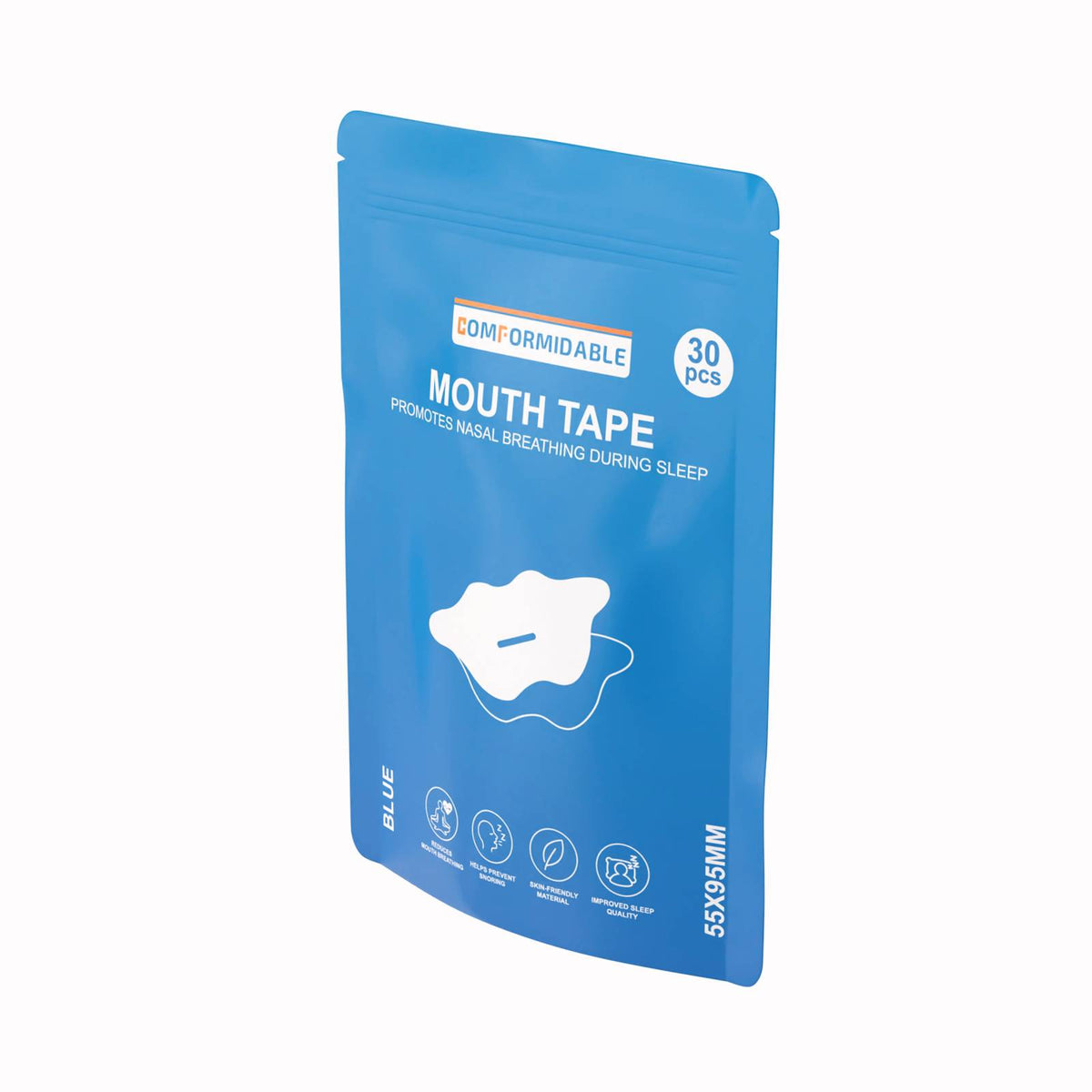Schrägansicht der Verpackung des Comformidable Mouth Tape mit blauem Beutel und der Angabe 30 Stück.