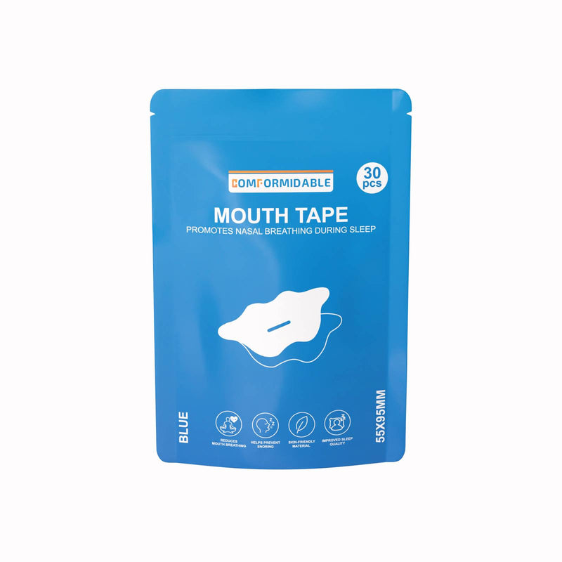 Vorderseite der Verpackung des Comformidable Mouth Tape mit Produktnamen, Piktogrammen und der Angabe 30 Stück.
