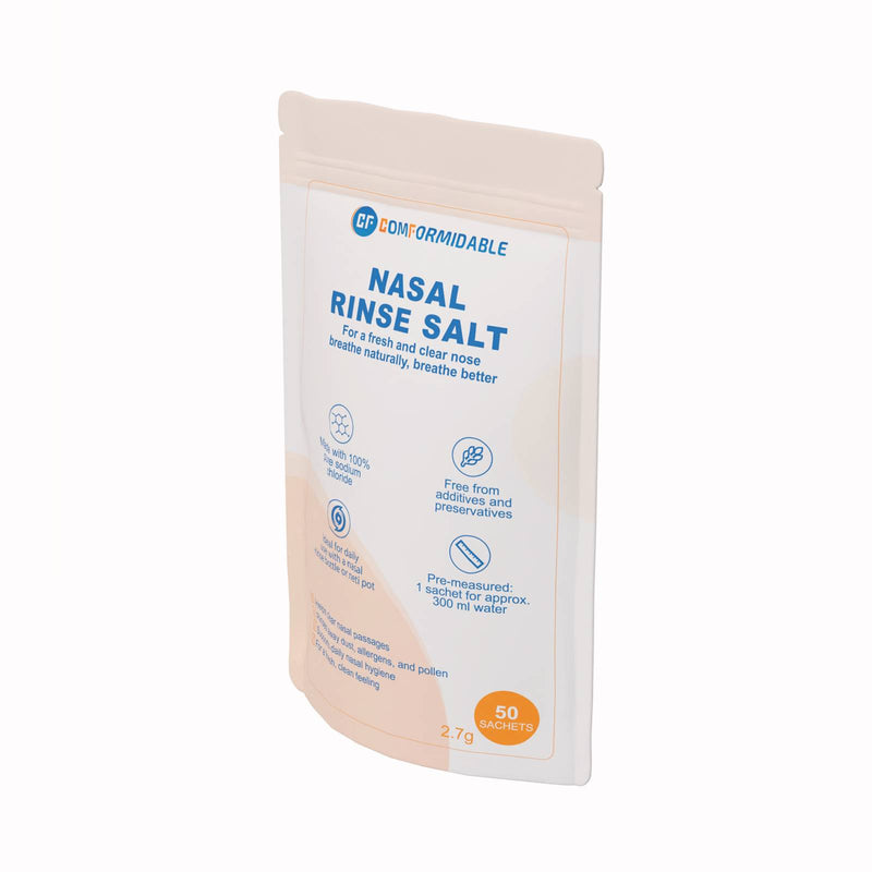 Schrägansicht der Verpackung des Comformidable Nasal Rinse Salt mit der Angabe 50 Sachets und Icons für reine Zusammensetzung und tägliche Anwendung.