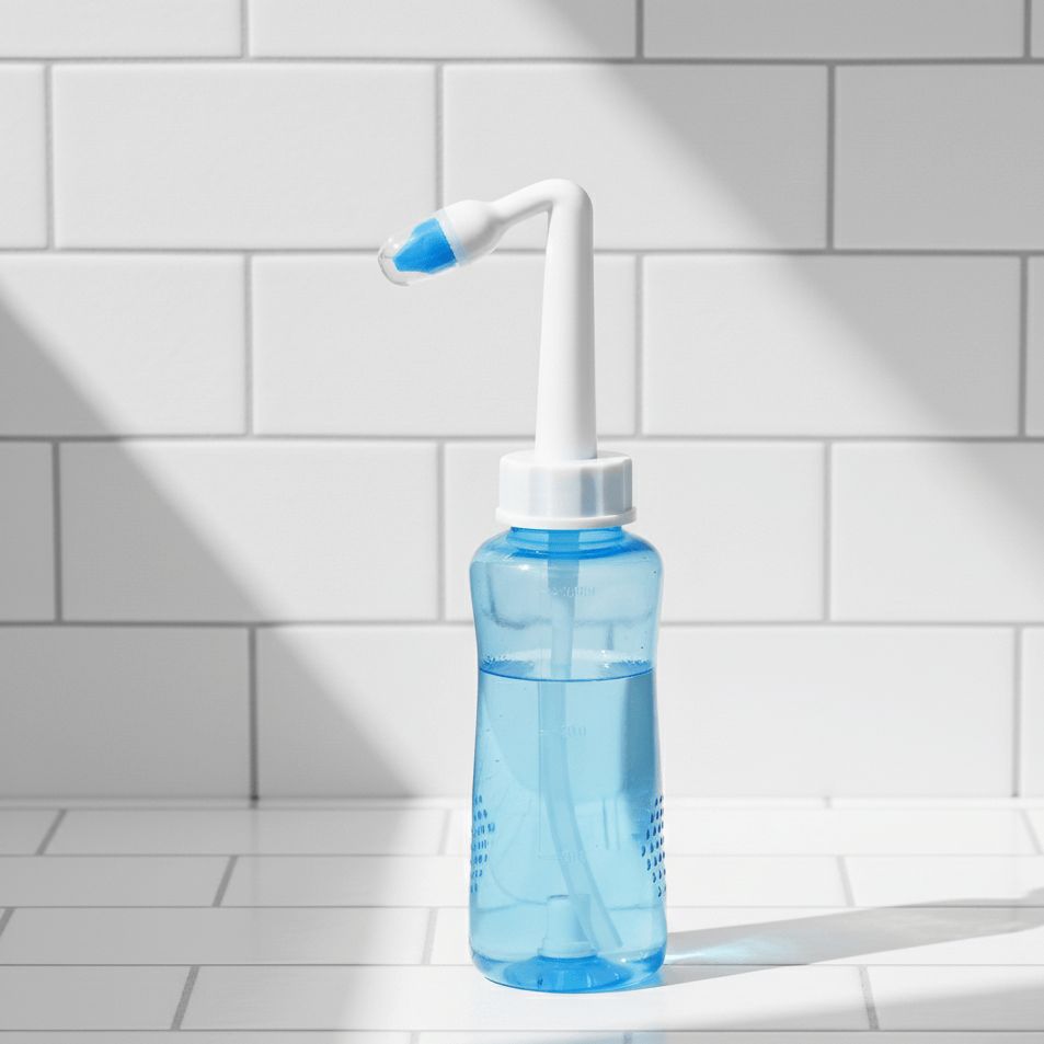 Eine blaue Nasenspülflasche mit Aufsatz steht einsatzbereit auf einem weißen Fliesenbord im Badezimmer.