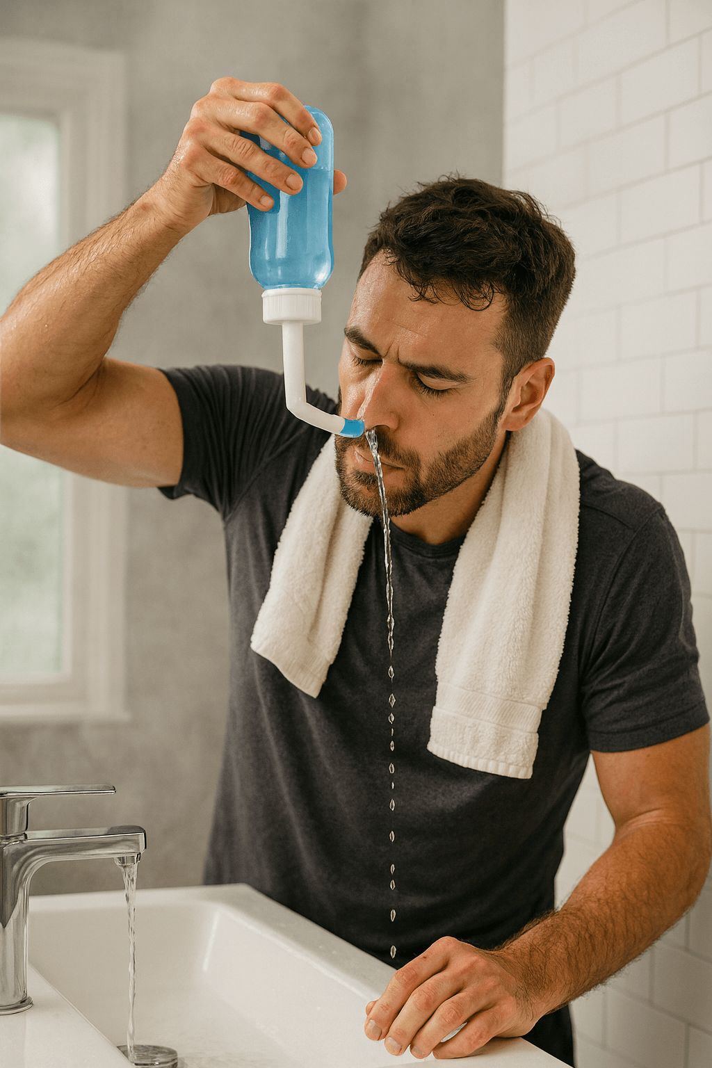 Mann mit einem Handtuch um den Hals verwendet die Nasenspülflasche über einem Waschbecken zur Linderung bei verstopfter Nase.