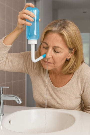 Eine erwachsene Frau reinigt ihre Nasenhöhlen mit einer blauen Nasenspülflasche über einem Waschbecken.