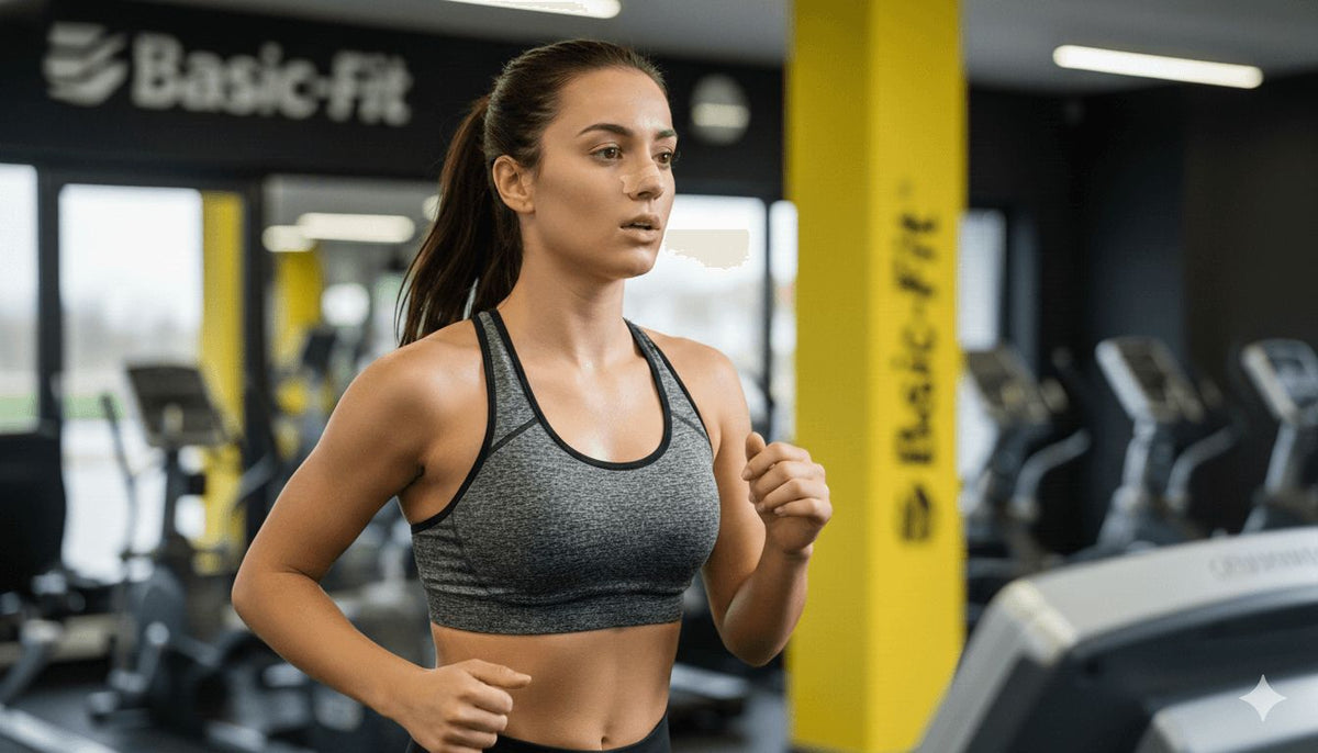 Eine Frau mit einem Nasenstrip während einer Cardio-Einheit im Fitnessstudio, um leichter zu atmen.