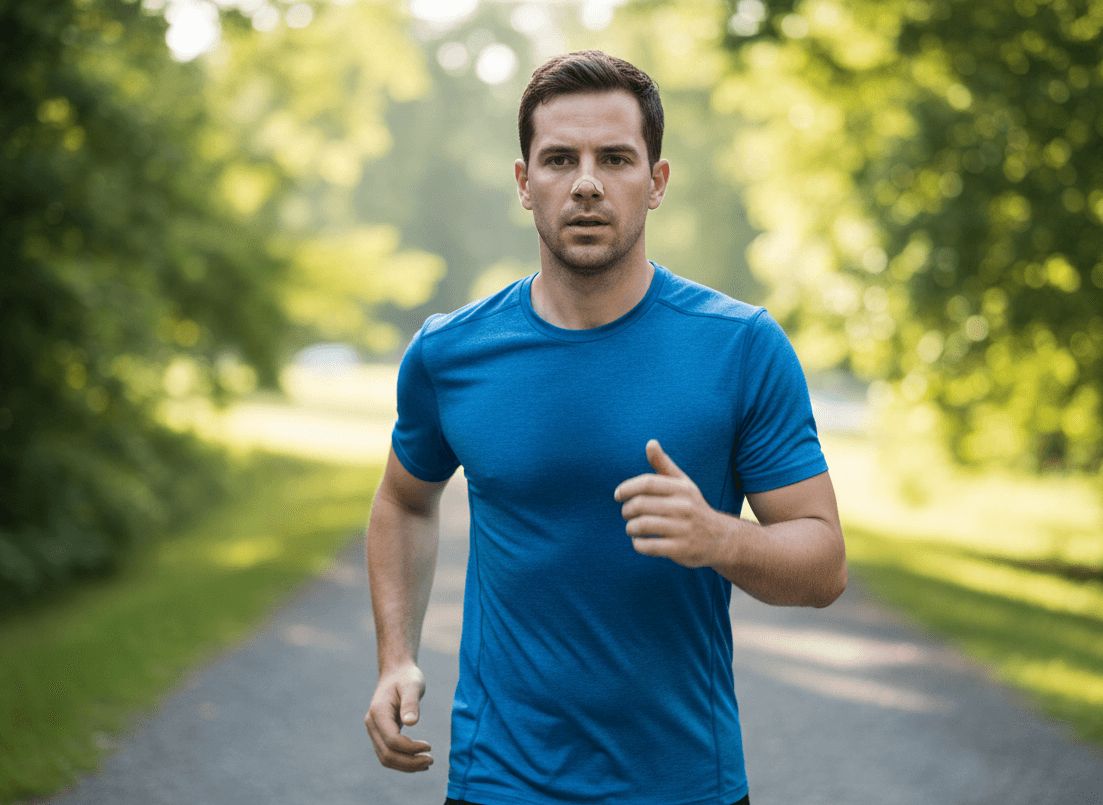Ein Mann in einem blauen Sportshirt läuft draußen und trägt dabei ein Nasenpflaster für leichteres Atmen.