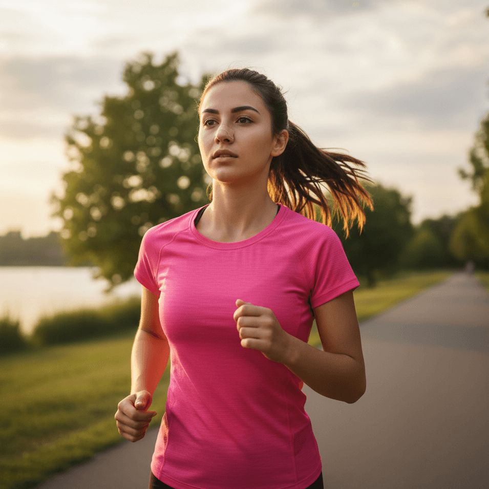 Laufende Frau in einem rosa Shirt, die einen Nasenstrip trägt, um beim Sport freier zu atmen.