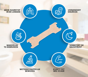 Infografik eines beigen Nasenpflasters mit Symbolen für mehr Sauerstoff, weniger Schnarchen, besseren Schlaf, 12 Stunden Klebekraft und wissenschaftlichen Nachweisen.