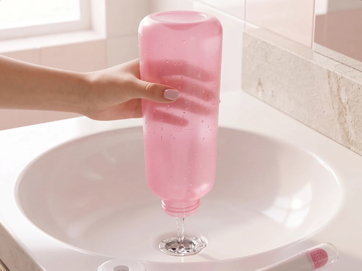 Bidetflasche wird über dem Waschbecken entleert